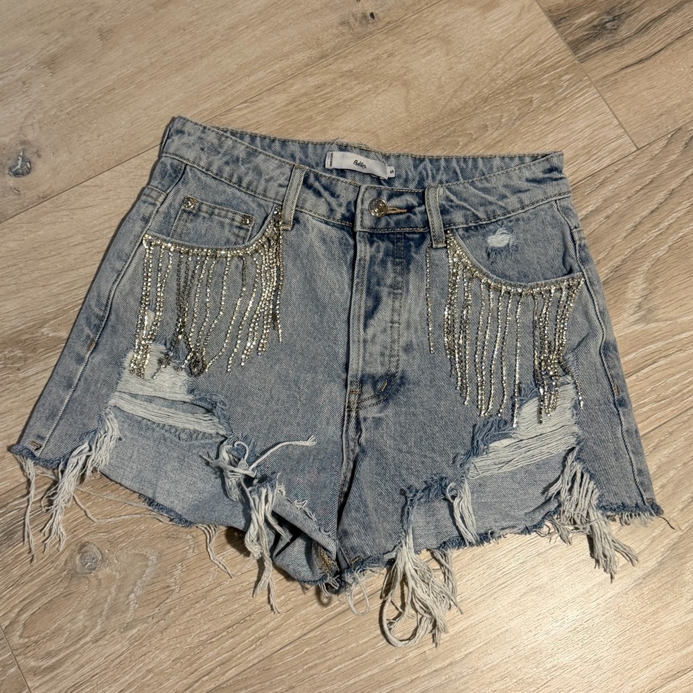 Adika Blue Distressed Jean Shorts with Chain Detail